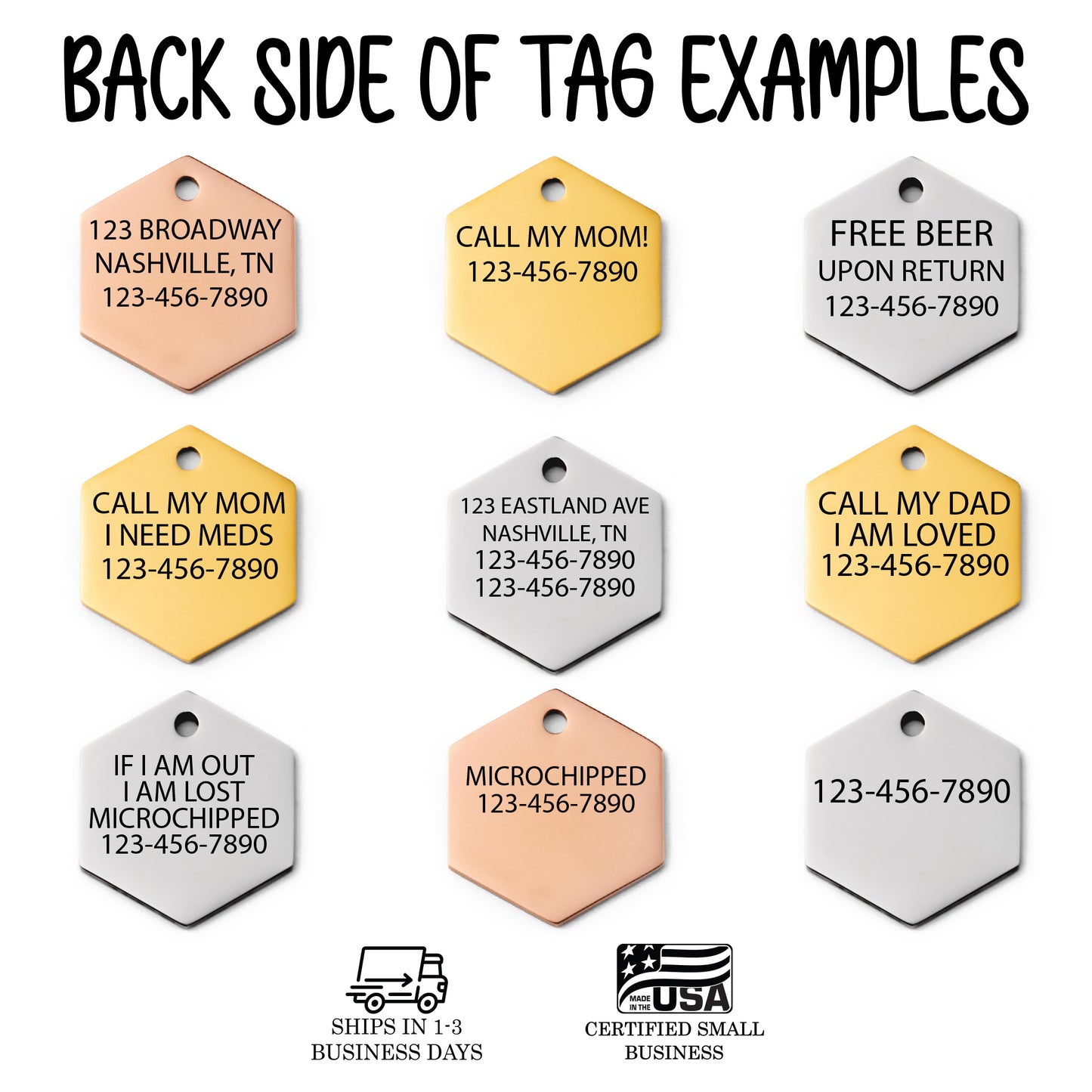 'Beach Trip' Hexagon Pet ID Tag for Dogs and Cats - Personalized and Engraved Stainless Steel Pet ID Tag
