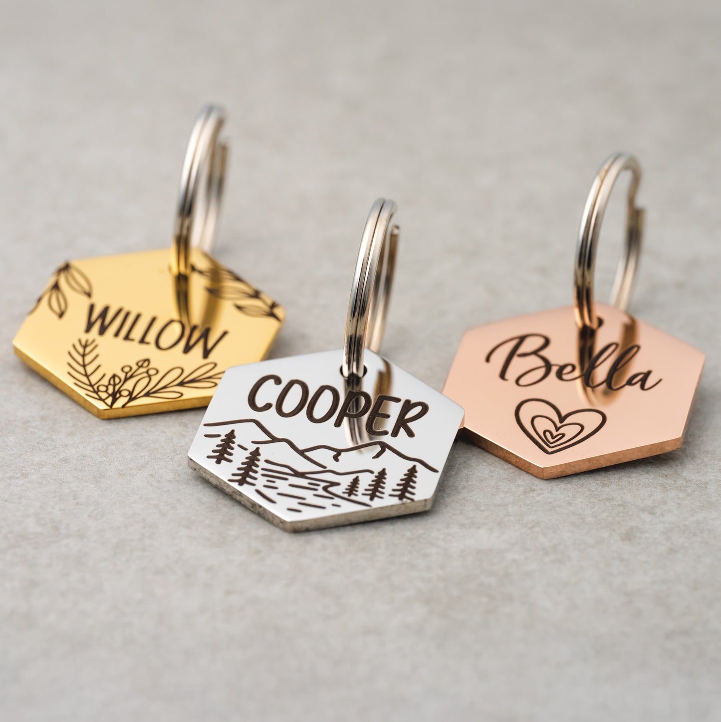 'Country Roads' Mountain Hexagon Pet ID Tag for Dogs and Cats - Personalized and Engraved Stainless Steel Pet ID Tag with Mountains