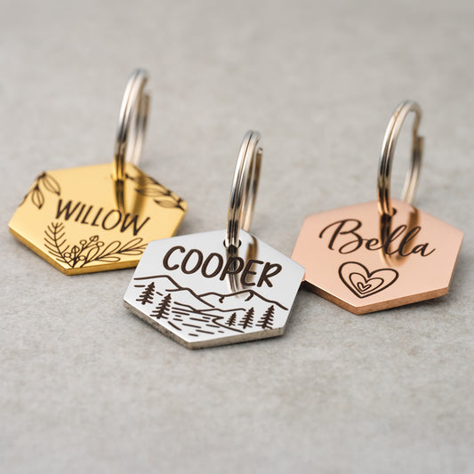 'Country Roads' Mountain Hexagon Pet ID Tag for Dogs and Cats - Personalized and Engraved Stainless Steel Pet ID Tag with Mountains