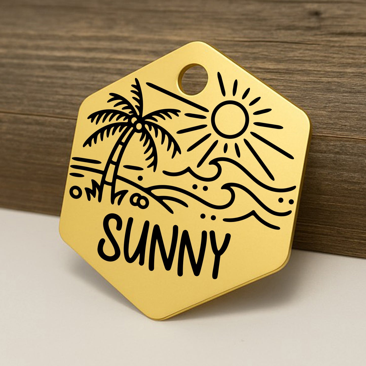 'Beach Trip' Hexagon Pet ID Tag for Dogs and Cats - Personalized and Engraved Stainless Steel Pet ID Tag