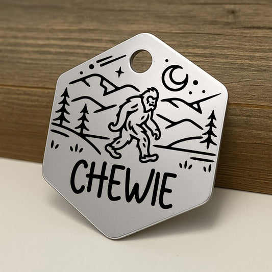 Bigfoot Hexagon Pet ID Tag for Dogs and Cats - Personalized and Engraved Stainless Steel Pet ID Tag