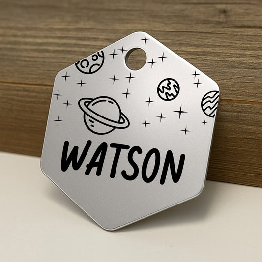'Cosmic Galaxy' Hexagon Pet ID Tag for Dogs and Cats - Personalized and Engraved Stainless Steel Pet ID Tag