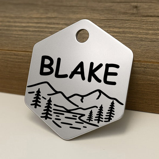 'Country Roads' Mountain Hexagon Pet ID Tag for Dogs and Cats - Personalized and Engraved Stainless Steel Pet ID Tag with Mountains