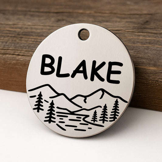'Country Roads' Mountain Pet ID Tag for Dogs and Cats - Personalized and Engraved Stainless Steel Pet ID Tag