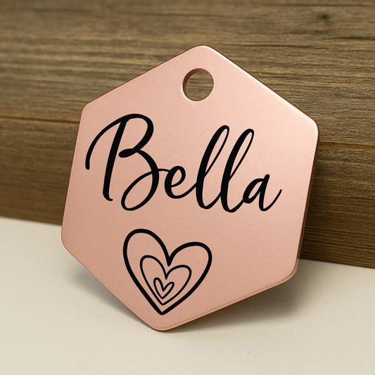 Hexagon Pet ID Tag with Hearts for Dogs and Cats - Personalized and Engraved Stainless Steel Pet ID Tag