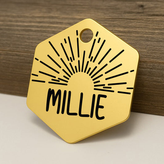 'Horizon Sunburst' Hexagon Pet ID Tag for Dogs and Cats - Personalized and Engraved Stainless Steel Pet ID Tag
