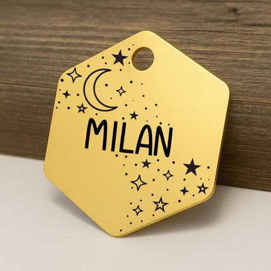 'Lunar Night' Hexagon Pet ID Tag for Dogs and Cats - Personalized and Engraved Stainless Steel Pet ID Tag