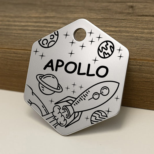 'Moon Mission' Hexagon Pet ID Tag for Dogs and Cats - Personalized and Engraved Stainless Steel Pet ID Tag