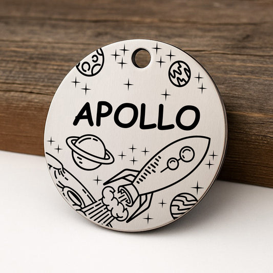 'Moon Mission' Pet ID Tag for Dogs and Cats - Personalized and Engraved Stainless Steel Pet ID Tag