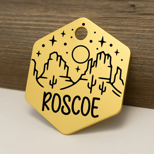 'Sedona' Desert Themed Hexagon Pet ID Tag for Dogs and Cats - Personalized and Engraved Stainless Steel Pet ID Tag