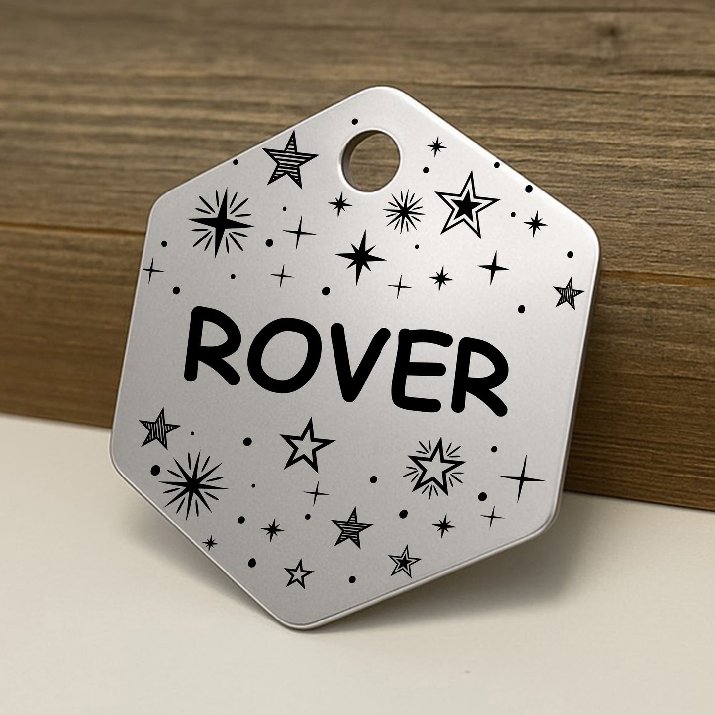 'Starburst' Hexagon Pet ID Tag for Dogs and Cats - Personalized and Engraved Stainless Steel Pet ID Tag