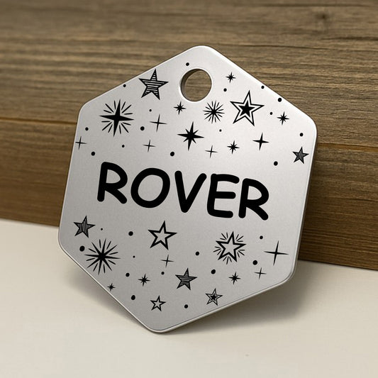 'Starburst' Hexagon Pet ID Tag for Dogs and Cats - Personalized and Engraved Stainless Steel Pet ID Tag