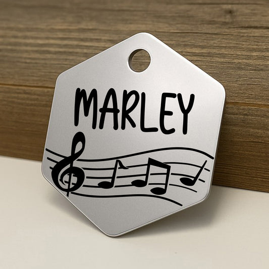 'The Musician' Hexagon Pet ID Tag for Dogs and Cats - Personalized and Engraved Stainless Steel Pet ID Tag