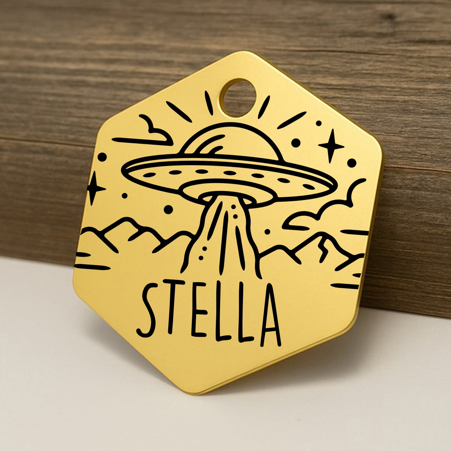 UFO Alien Hexagon Pet ID Tag for Dogs and Cats - Personalized and Engraved Stainless Steel Pet ID Tag