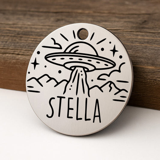 UFO Pet ID Tag for Dogs and Cats - Personalized and Engraved Stainless Steel Pet ID Tag