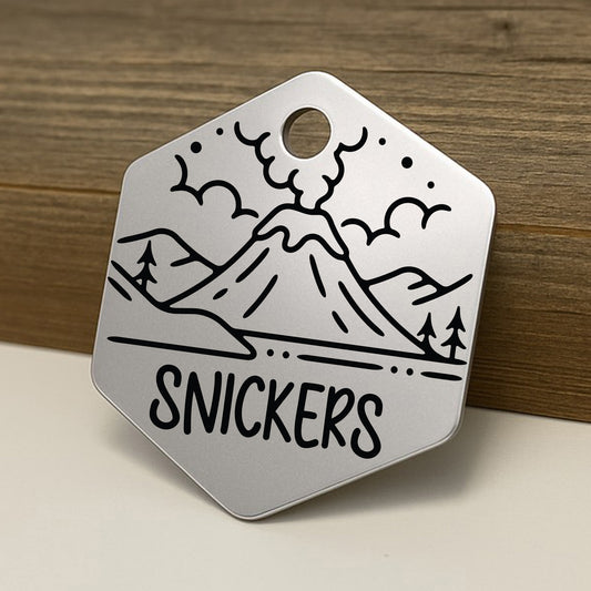 'Volcanologist' Hexagon Pet ID Tag for Dogs and Cats - Personalized and Engraved Stainless Steel Pet ID Tag
