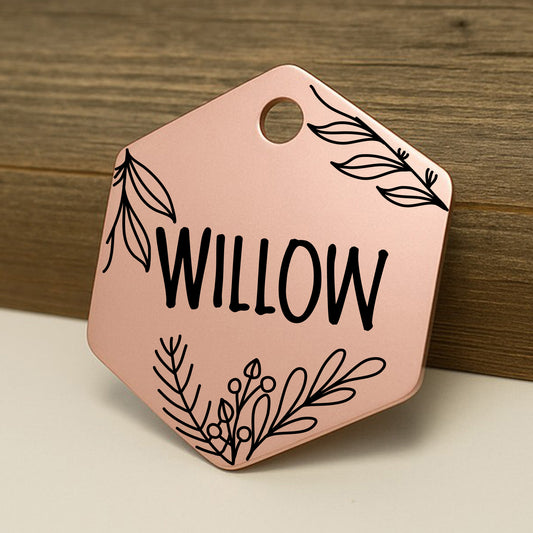 'Willows Garden' Floral Hexagon Pet ID Tag for Dogs and Cats - Personalized and Engraved Stainless Steel Pet ID Tag